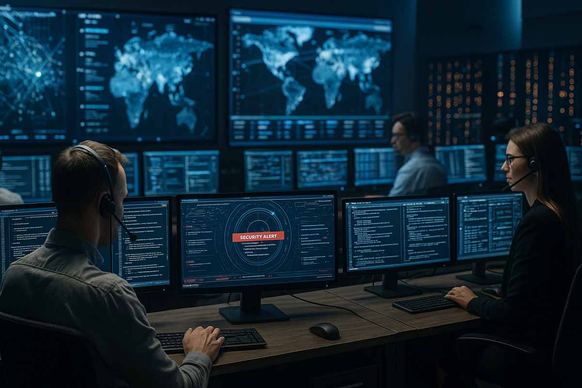 Ultra-realistic 4K RAW photo, a bustling network security operations center (SOC) with analysts monitoring screens displaying real-time threat data, global network traffic, and security alerts, symbolizing proactive cybersecurity measures. The scene highlights the importance of continuous monitoring, threat detection, and incident response. The overall atmosphere is one of vigilance, expertise, and technological sophistication.